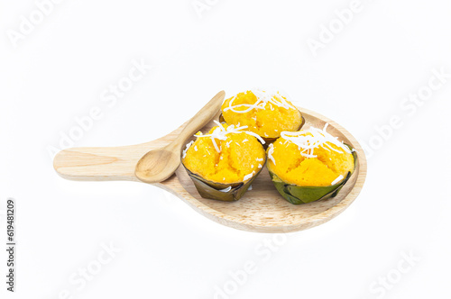 Toddy Palm Cake in wood plate on white background close up,thailand