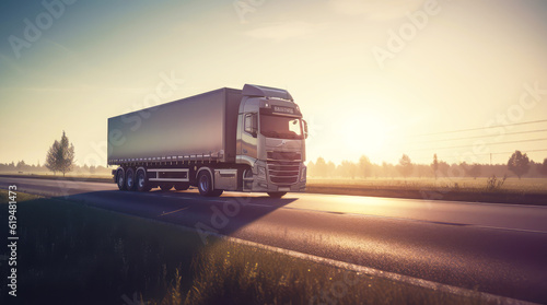 delivery cargo trucks driving in motion on highway road in country field and sunset landscape concept of  lorry logistic freight transportation business. generative ai