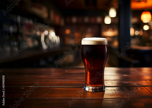 A glass of dark beer on the bar. AI generation