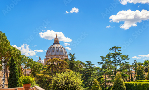 Garden of Vatican City, St Peter’s Basilica in distance, Rome, Italy