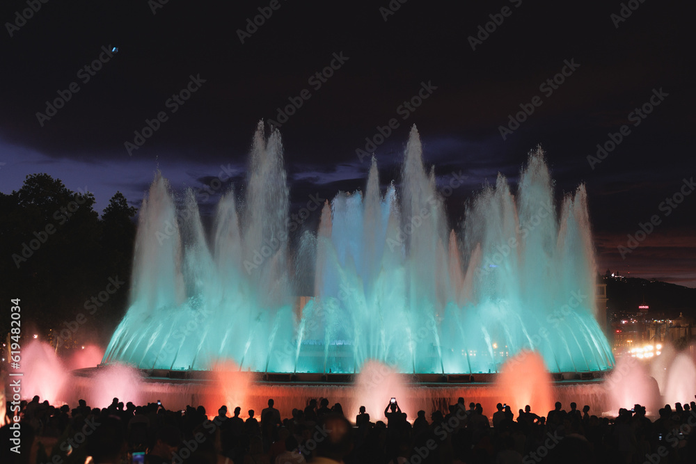 Colors of Magic Fountain of Montjuic in Barcelona's Placa d'Espanya, - Spain.