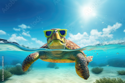 turtle swimming in the sea wearing sunglasses photo