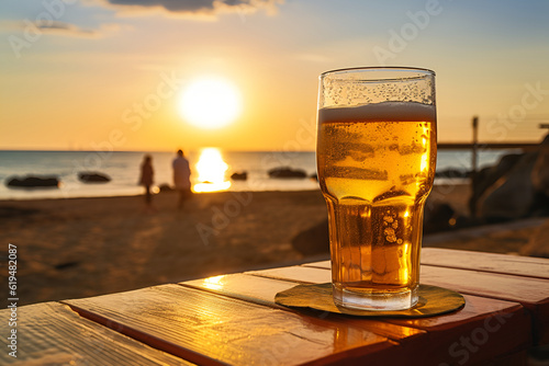 A glass of light beer with foam and bubbles on the sea beach at sunset. AI generation