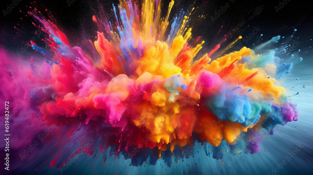 Colorful splash of Holi rainbow paint, explosion of colored powder