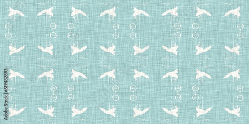 Aqua teal blue white vibrant watercolor batik azulejos tile border banner background. Seamless coastal blur linen effect geometric mosaic effect.Boho Patchwork nautical masculine summer ribbon trim. 