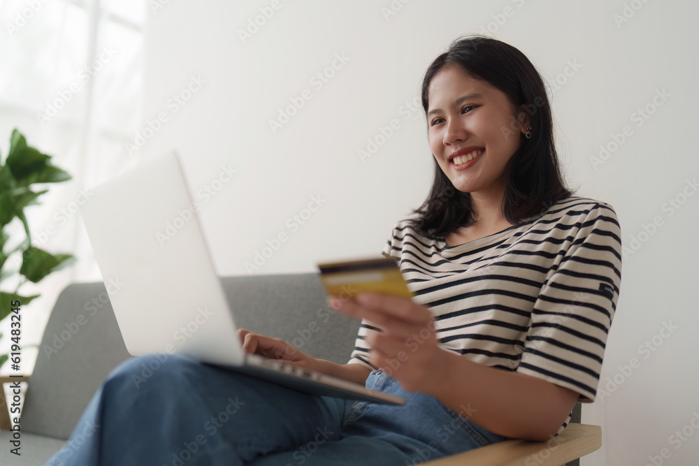 Young asian woman worried about credit card debt, stress, problem, finance, bankruptcy Young asian woman worried about credit card debt, stress, problem, finance, bankruptcy