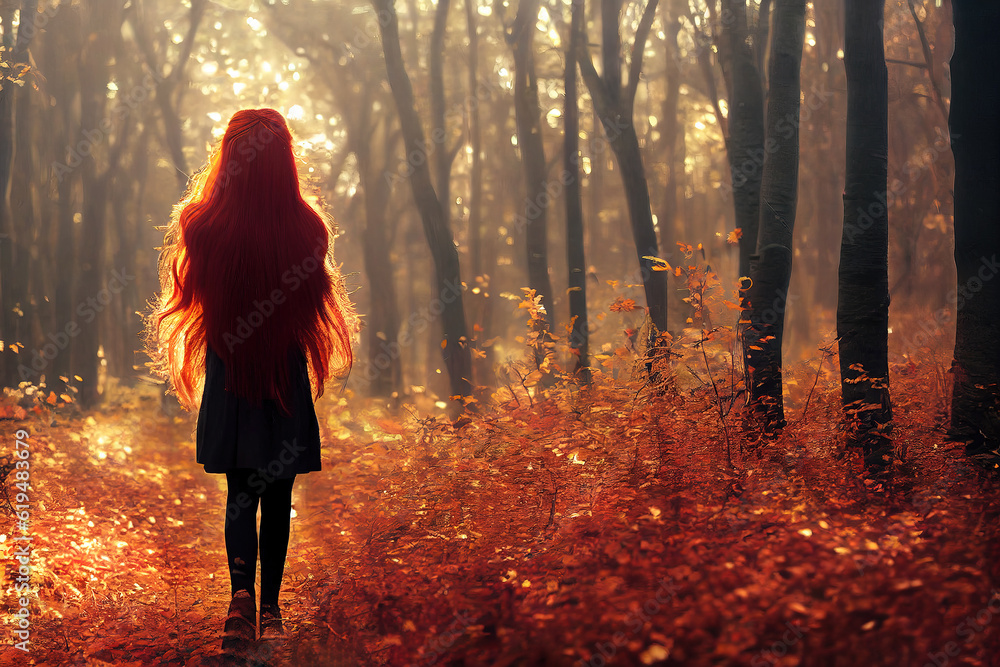 A girl with long red hair stands walking along a path in the forest. firelight. AI-generated A girl with long red hair stands walking along a path in the forest. firelight. AI-generated