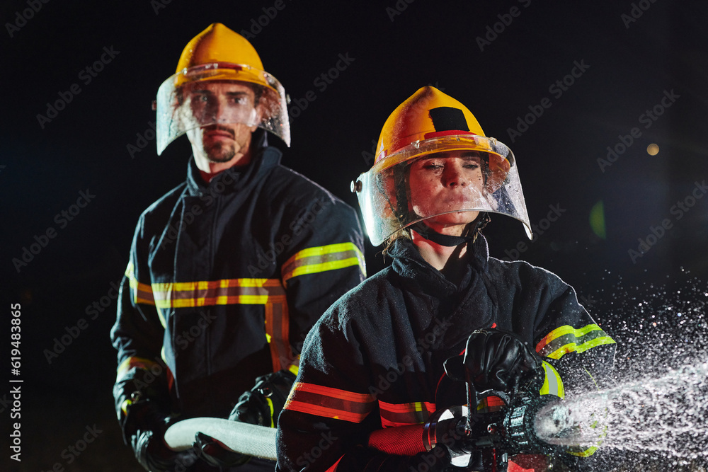 Firefighters using a water hose to eliminate a fire hazard. Team of female and male firemen in dangerous rescue mission. Firefighters using a water hose to eliminate a fire hazard. Team of female and male firemen in dangerous rescue mission.