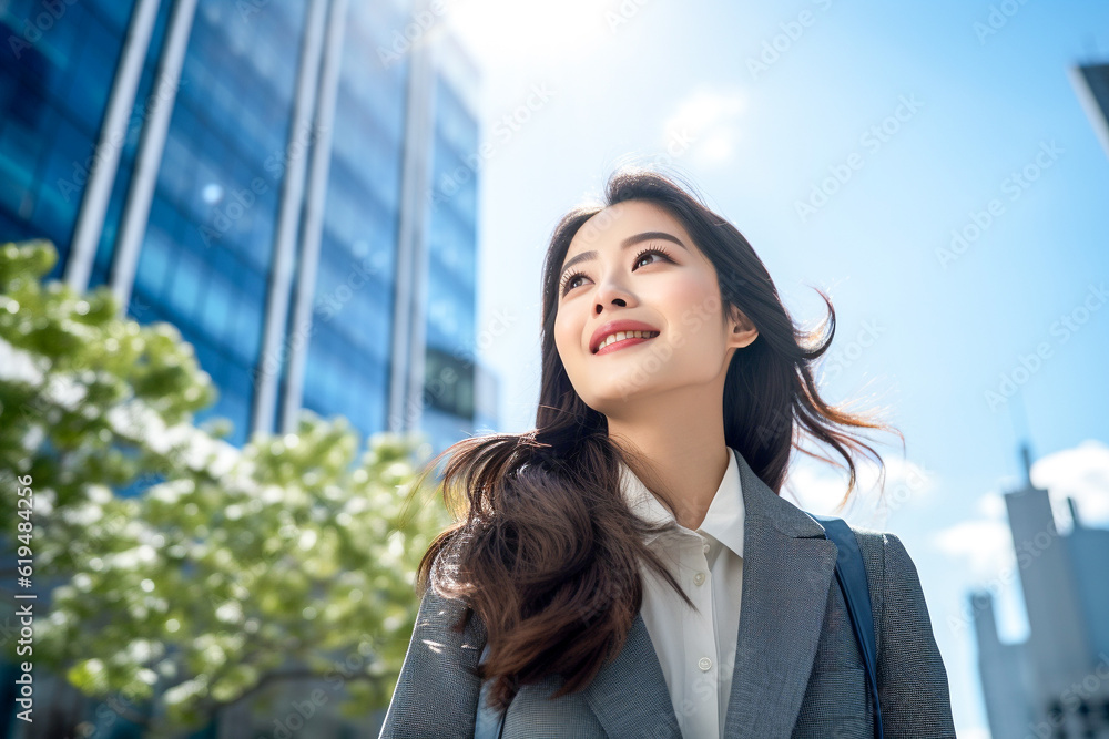 Fototapeta premium オフィス街の笑顔の女性（AI生成）