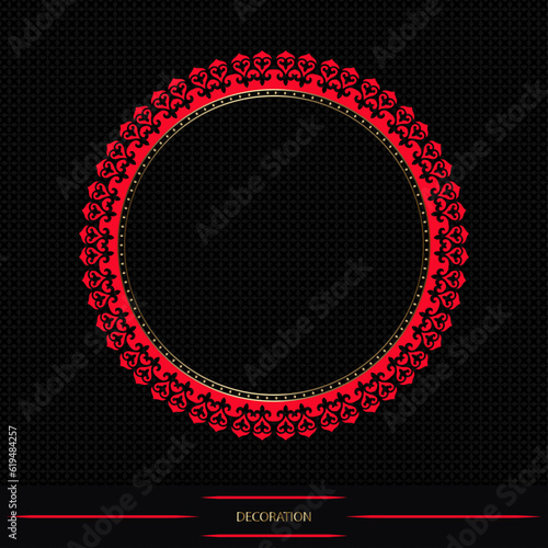 Round frame on black background, workpiece for your design. Decorative asian ornamental elements and motifs of Kazakh, Kyrgyz, Uzbek, national Asian decor for round plate, textile and print design. 