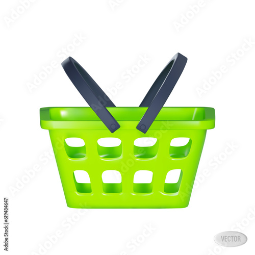 render of an empty green grocery basket in a store. Vector illustration in 3d style isolated on white background