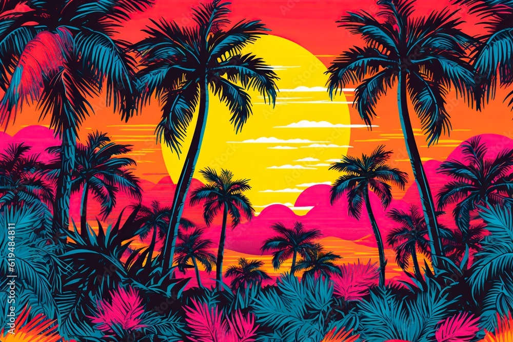 Tropical painted background in vibrant colors with palm trees. Stylized abstract picture. AI generation