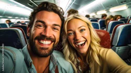 Excited couple, mid-flight, snap a joyous selfie, their glowing smiles echoing the anticipation of their awaited summer vacation. Generative AI