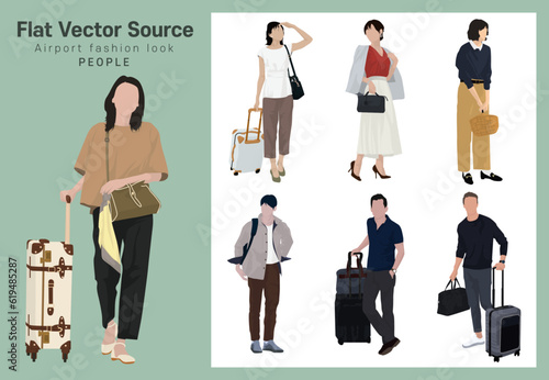 A collection of silhouette fashion lookbooks for people carrying luggage for overseas trips and business trips at the airport photo