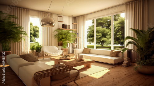 3D render Nature's Haven- A Serene Fusion of Living Room and Garden relax view for Tranquility and Harmonious Connection interior design