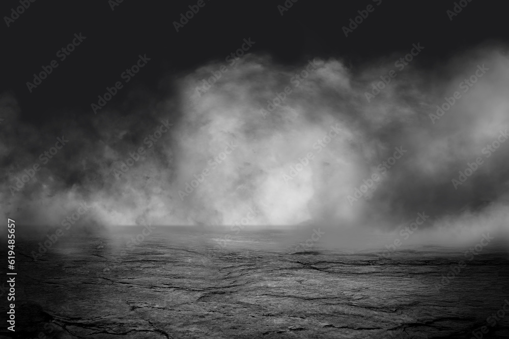 Grunge concrete floor with smoke or fog in dark room with spotlight. Asphalt night street, black background, black and white