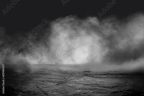 Grunge concrete floor with smoke or fog in dark room with spotlight. Asphalt night street, black background, black and white