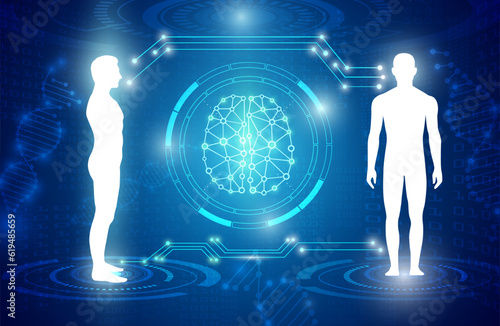 abstract background technology concept in blue light,brain and human body heal ,technology modern medical science in future and global international medical with tests analysis clone DNA human