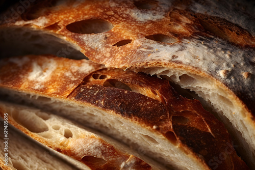 a macro photo of a sourdough wheat white bread with nice crust and oxygen bubbles, slices, filling the frame. Generative AI technology