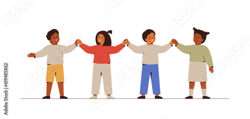 Happy school children stand together and hold hands. Multicultural Group of kids greeting each other and smile. Cheerful elementary pupils, kindergarten girls and boys say hello. Vector illustration