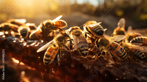 Bees swarming around beehive