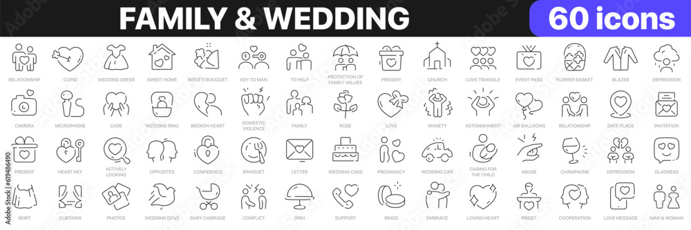 Family and wedding line icons collection. Relationship, church, home, conflict icons. UI icon set. Thin outline icons pack. Vector illustration EPS10