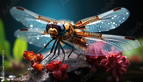 Photo of a close-up of a dragonfly perched on a vibrant flower petal © Artur48