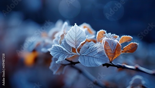 Photo of a detailed close-up of a branch with vibrant frozen leaves