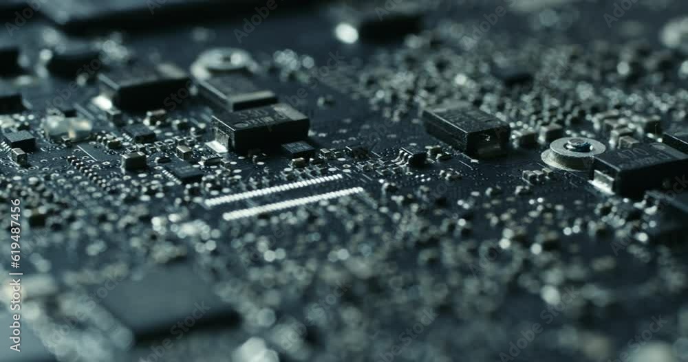 Electronic chip component on the blue printed pcb. Concept of computer hardware and digital computing of big data. Integrated circuit board with processor close up. Electronic chip component on the blue printed pcb. Concept of computer hardware and digital computing of big data. Integrated circuit board with processor close up.