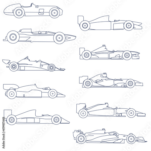 Set of 10 Formula 1 cars as silhouettes, 1950s - 2020s. F1 Race Car Vector Graphic Template