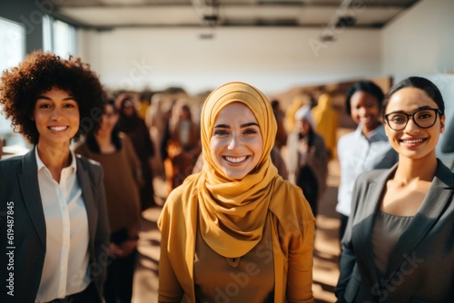 Empowering Women Inclusivity: Celebrating International Women's Day with Diversity Equity Inclusion, looking in the camera with smile (Generative AI)