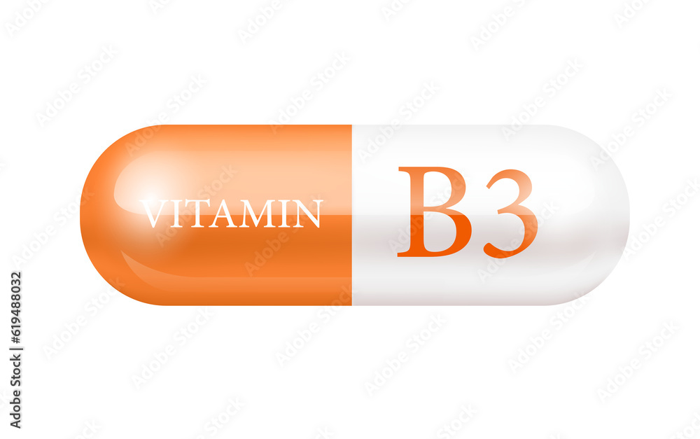 Capsule vitamin B3 structure orange and white isolated on cutout PNG. Beauty concept. Personal care. 3D vector set. transparent capsule pill. Drug business concept complex with chemical formula. Capsule vitamin B3 structure orange and white isolated on cutout PNG. Beauty concept. Personal care. 3D vector set. transparent capsule pill. Drug business concept complex with chemical formula.