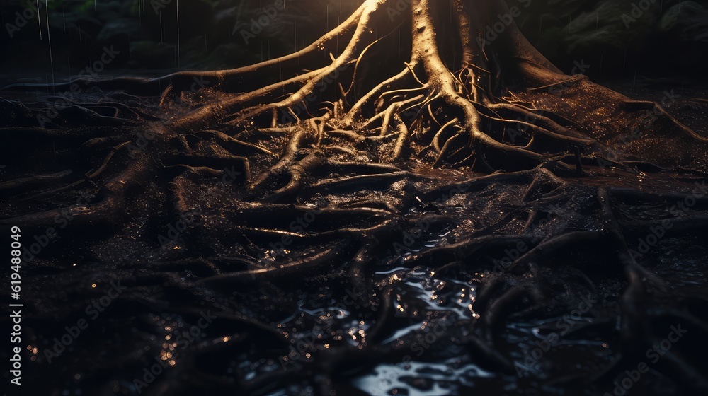 Fototapeta premium roots of a tree in the forest at night 