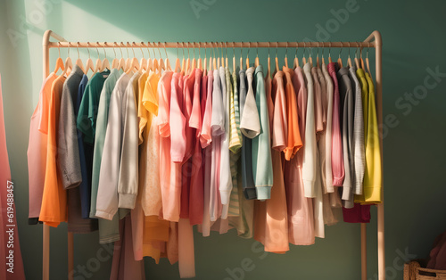 A clothing rack displaying a variety of colorful clothes, Generative AI