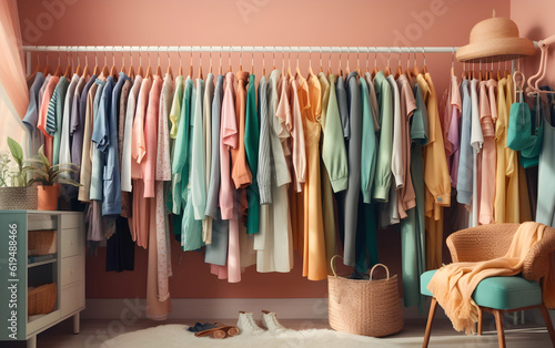 A clothing rack displaying a variety of colorful clothes, Generative AI