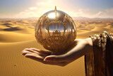 A person holding a crystal ball in the desert. Generative AI.