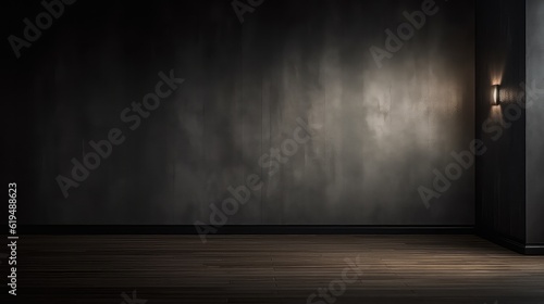moody dark charcoal room with black tiles and black paint, dark room with wall lamp and dramatic lighting, best for background concepts and ideas for business presentation background © AIPERA