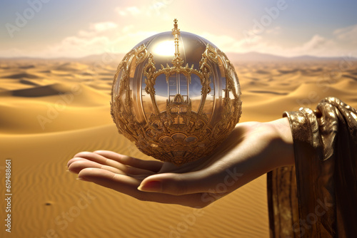 A person holding a crystal ball in the desert. Generative AI.