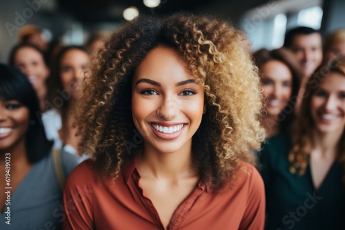 Empowering Women Inclusivity: Celebrating International Women's Day with Diversity Equity Inclusion, looking in the camera with smile (Generative AI)