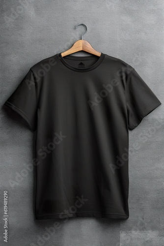Black crewneck T-Shirt mockup on neutral background. Plain black tshirt for your design, front view. Generative AI.