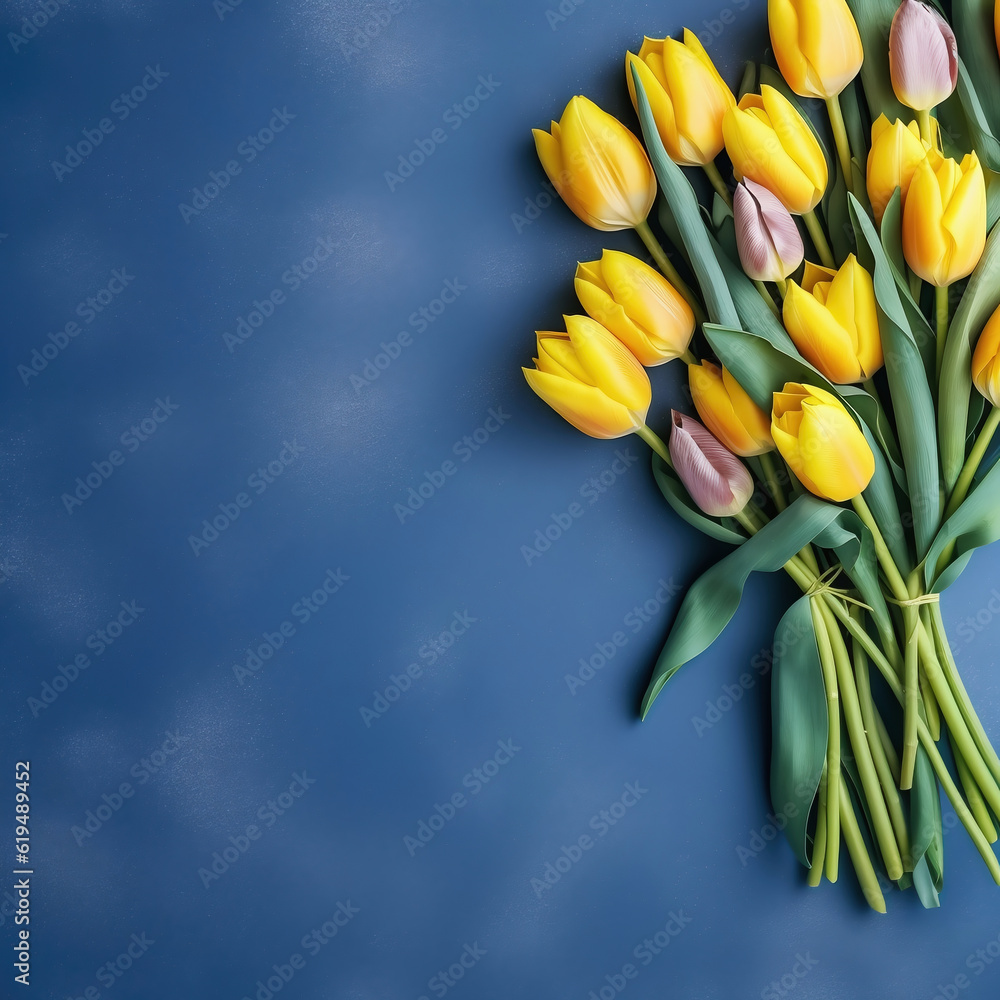Bouquet of yellow tulips on blue background with copy space Bouquet of yellow tulips on blue background with copy space