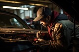 a candid photo of a car mechanic repairing and fixing engine of a car in the garage. Generative AI