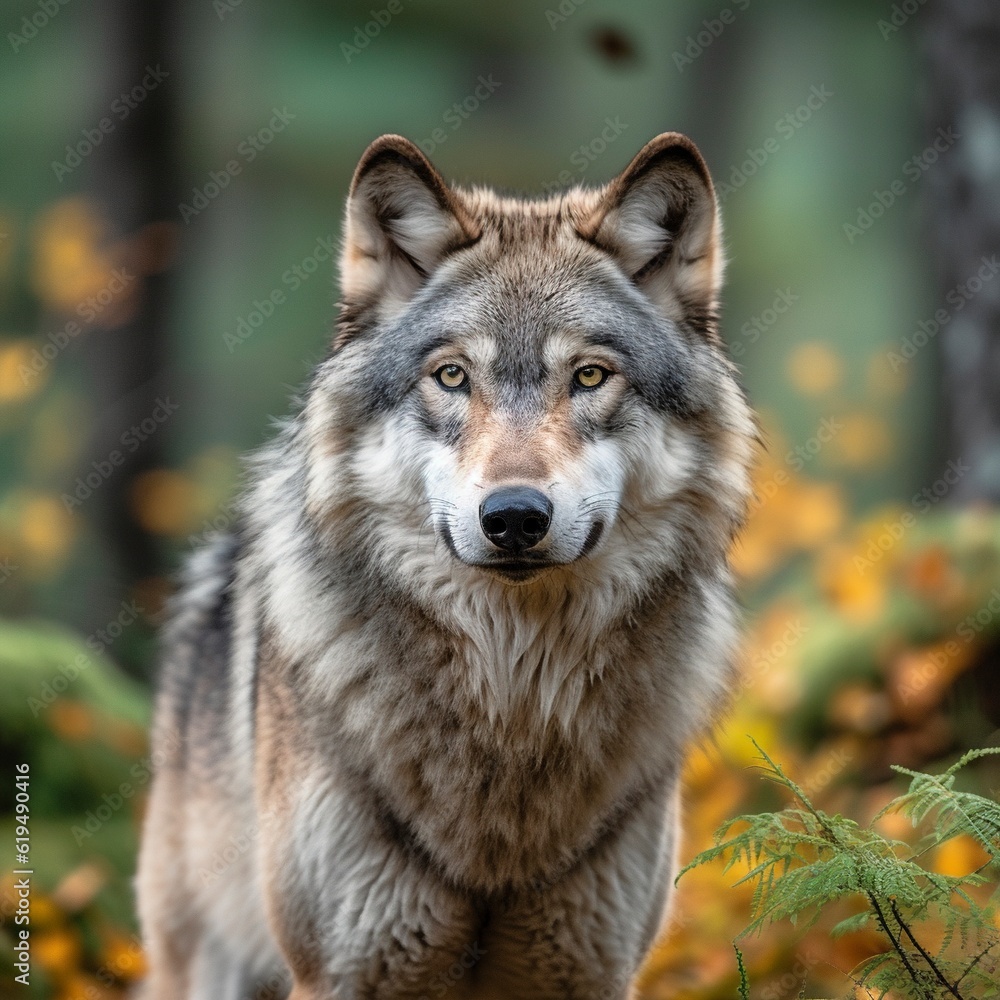 Gray wolf roaming within the woods