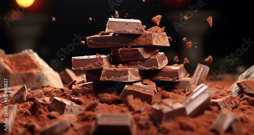 Chocolate pieces and cocoa powder on dark background, closeup. International chocolate day celebration