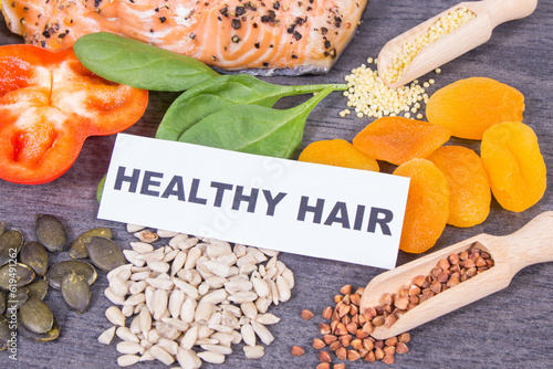 Wallpaper Mural Nutritious products and ingredients containing differents vitamins or minerals for healthy hair Torontodigital.ca