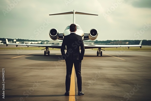 A businessman in black suit standing in front of private jet. Rich man standing in front of private planel. 