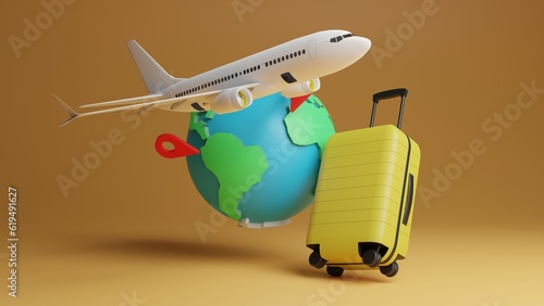 Earth 3d illustration with map points  suitcase and plane. Holiday and traveling concept