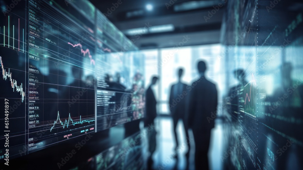 People in an abstract trading room, in front of a computer, business data, graphs with stock market prices People in an abstract trading room, in front of a computer, business data, graphs with stock market prices