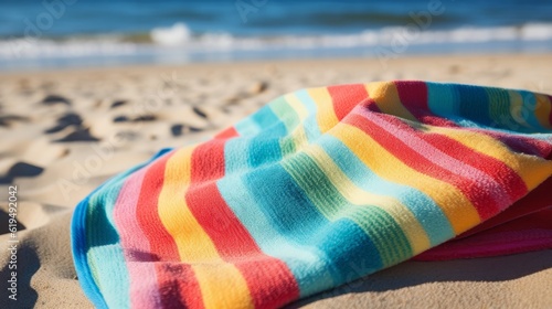 Close up of a colourful beach towel on the beach, summer ocean