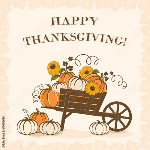 Thanksgiving card with garden cart and pumpkins, vector illustration.